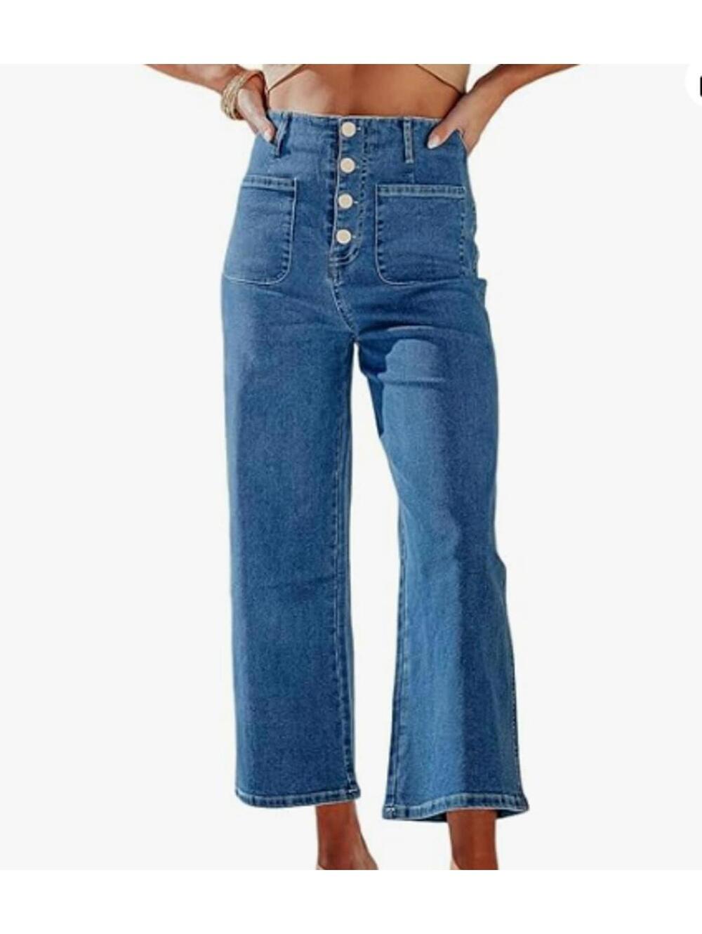 High Waisted Wide Leg Capri Jeans Women's 6 Blue Stretch Button Fly Crop Denim